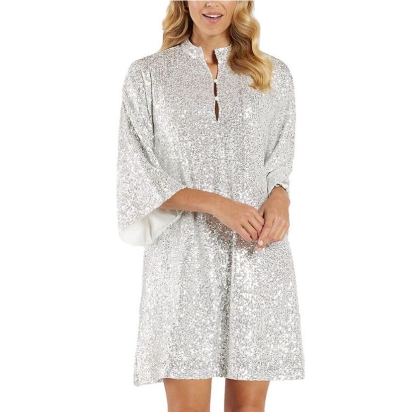 Nwt Jude Connally Silver Long Sleeve Metallic Sequins Dress Size Xl